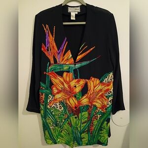 Diane Gilman Floral Black Sequin Top 100% Silk Sz M